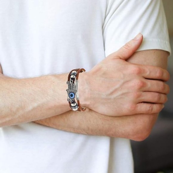 Stainless Steel Leather and Beaded Hamsa/Hand of Fatima Evil Eye NWT - Picture 3 of 6